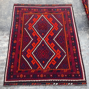 8’5x10’6 ft, Royal Blue Red Vintage Kilim Rug, Afghan Handmade Kilim, Ethical Kilim Rug, Veg Dye Dining Table Kilim Rug, Turkish Style Kilim