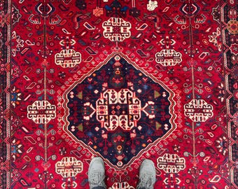 May include: A red and navy blue oriental rug with intricate geometric patterns. The rug features a central diamond-shaped medallion and repeating floral and geometric motifs. The rug's border is a darker shade of red, and the overall design is symmetrical.