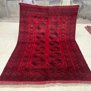 7x10 Mid Century Antique Afghan Geometric Rug - Red Black Tribal Turkmen Wool Living Room Rug - Red Vintage Boho Area Rug- High Pile Rug