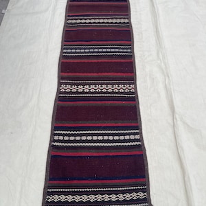Può includere: Un lungo tappeto runner rettangolare con base bordeaux e strisce orizzontali rosse, bianche, verdi e blu. Il tappeto ha un motivo geometrico su entrambe le estremità e un bordo marrone. Il tappeto è probabilmente realizzato in tessuto tessuto.