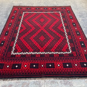 8’1x10 ft Red Geometric Afghan Wool Kilim, Antique Red Vintage Kilim Rug, Flatweave Nomadic Red Blue Kilim Rug, Kilim Rug for Living Room
