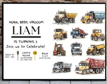 May include: A framed birthday invitation featuring illustrations of various trucks and construction vehicles. The invitation reads "HONK, BEEP, VROOOM" and announces "LIAM IS TURNING 3." Includes event details: date, time, location, and RSVP information.