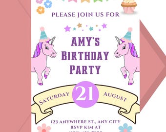 Rainbow Unicorn Birthday Invitation Template: Editable 5x7 (Digital Download)