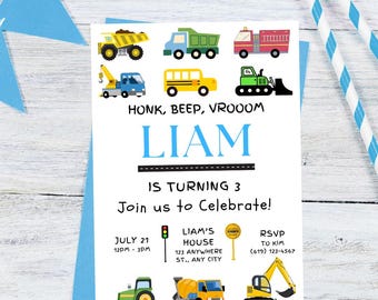 May include: A white invitation with colorful illustrations of construction vehicles, including a dump truck, school bus, and excavator. The invitation reads "HONK, BEEP, VROOOM" and "LIAM IS TURNING 3." Details include date, time, address, and RSVP information.