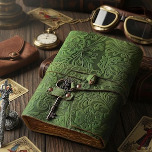 May include: A green leather journal with an embossed floral design, secured by a strap and key closure. The journal is surrounded by a pocket watch, a pen, and playing cards, all on a wooden surface.