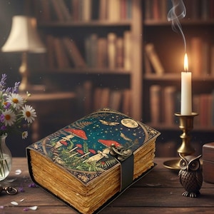 May include: A detailed vintage book with a mushroom, star, and moon design on the cover, rests on a wooden table. A lit candle, owl figurine, vase of flowers, and pocket watch are nearby. A bookshelf filled with books is in the background.