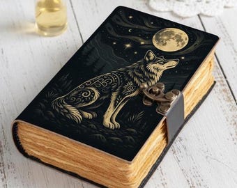 Mystic Black Wolf Leather Journal: Personalized Book of Shadows