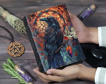 Raven Leather Grimoire: Vintage Spell Book of Shadows, 400 Page Journal