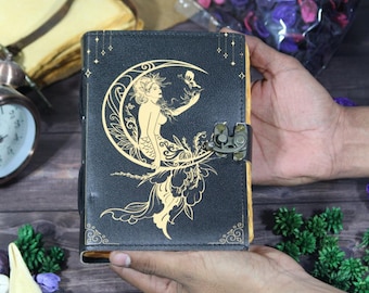 Diario grimorio de cuero vintage: libro de hechizos de papel con bordes desbarbados hecho a mano