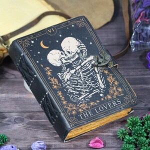 Blank spell book of shadow grimoire journal the lovers tarot card journal  handmade sketchbook and notebook gifts for women's skull lover's