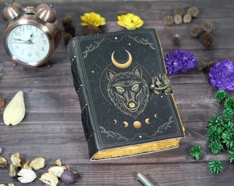 Handmade Leather Journal: Wolf & Moon Embossed Deckle Edge Paper