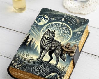 Lunar Wolf Leather Grimoire: Vintage Spell Book, Blank Journal