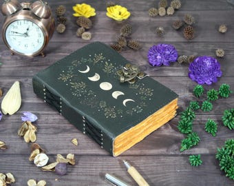 Diario de cuero con fases lunares: papel desbarbado hecho a mano, estilo vintage