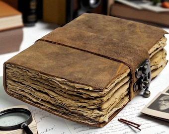 Diario de cuero vintage: Libro de sombras en blanco, papel antiguo con bordes desbarbados