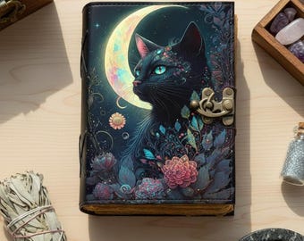 Diario de cuero Cat Moon: Grimorio de estilo vintage, Libro de las Sombras