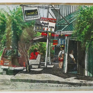 May include: A watercolor painting of a street scene in a tropical location. A red truck is parked in front of a small shop with a green awning. The shop has a sign that reads "Aqui Cerveza Para Llevar - Paquita". There are people standing in front of the shop.