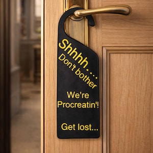 May include: A black door hanger with gold text that reads "Shhhh... Don't bother We're Procrastin'! Get lost..." is hanging on a wooden door with gold hardware.
