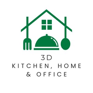 K&ouml;nnte beinhalten: Ein gr&uuml;nes Logo mit einem Hausumriss, Gabel und L&ouml;ffel bilden das Dach, ein quadratisches Fenster. Im Haus befindet sich eine Cloche. Der Text lautet "3D KITCHEN, HOME & OFFICE" in Schwarz.