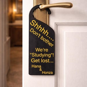 Könnte beinhalten: Schwarzes Türschild mit goldenem Text: "Shhhh.... Don't bother We're "Studying"! Get lost... Hana & Honza". Das Schild hängt an einem goldenen Türgriff.