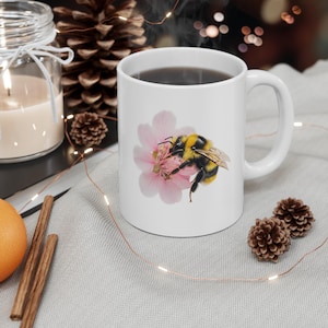 Mug, Bumble Bee on Flower Ceramic Cup, Garden Lover Gift, Spring Coffee Tea Mug, Nature Inspired Drinkware, Mother&#39;s Day Present