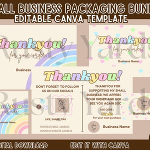 May include: A digital small business packaging bundle template with the text "Thank you! for your order!" in pastel colors. The design includes rainbow and heart graphics, and space for business details. The template is editable with Canva.