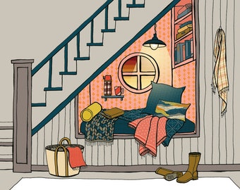 Cozy reading nook under the staircase print