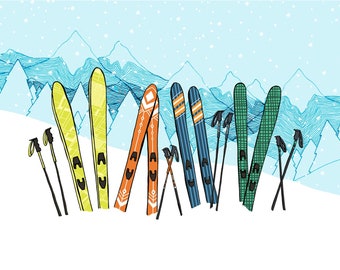 Colorful Skis on the Mountain Print