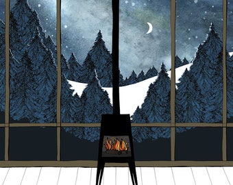 Wood Stove on a Snowy Night Print