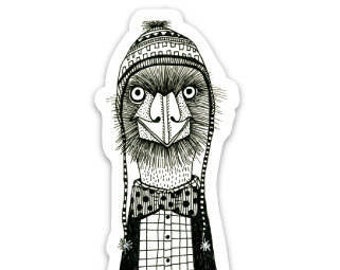 Emu sticker. Silly emu with bow tie and ski hat vinyl sticker
