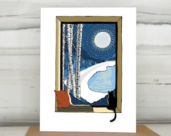 Snowy Night with Birch Trees and Cat Holiday Card Set of Ten