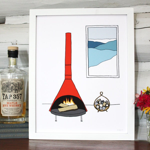 A mod fireplace scene, illustrated art print