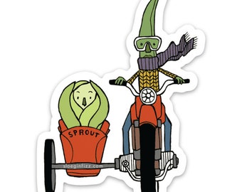 Bean and Sprout on a Motorcycle and Sidecar Adventure Vinyl Sticker