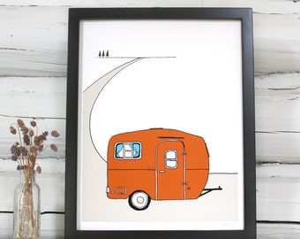 Vintage Camper art print. RV Trailer illustration