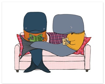 Whale Pod: Two Whales Relax on the Couch Print