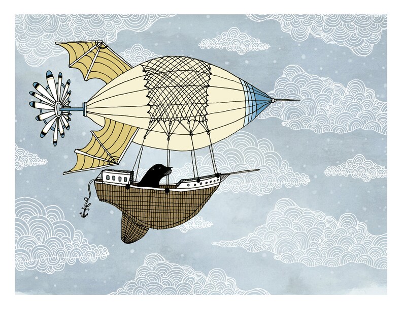 Air ship with seal illustration print image 1