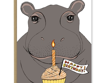 Birthday Card | Hippo with a cupcake