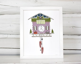 Cuckoo clock print, cuckoo clock illustration, wall art, modern home decor