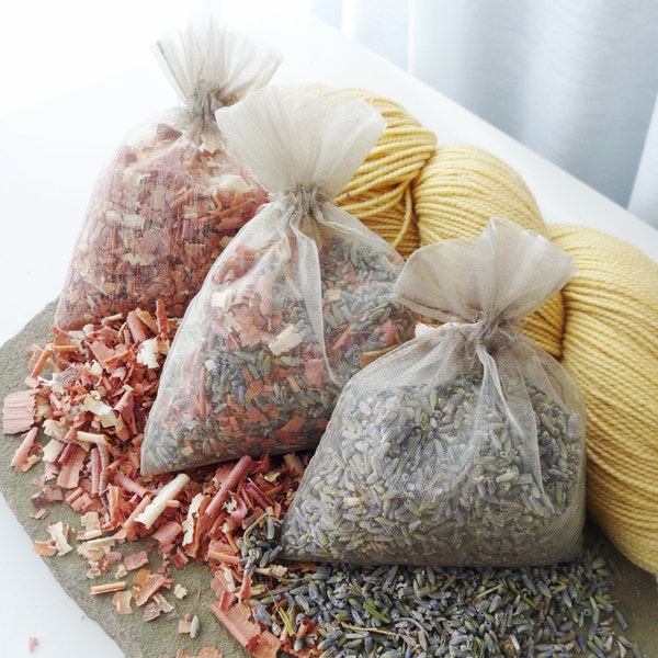 Organic Lavender Cedar Sachets - Moth Repellent Prevention for Handknits Wool Yarn Fiber Storage - Four Sizes Available