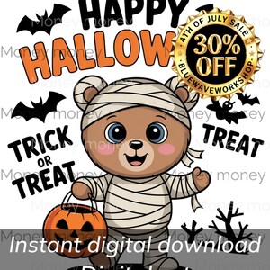 Whimsical Cartoon Bear Mummy Halloween Decor - Instant Download Printable Art 300 dpi