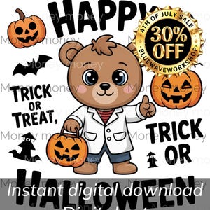Whimsical Cartoon Bear in Lab Coat Holding Pumpkin - Halloween Digital Art Print for Kids | Instant Download | Cute Trick or Treat Decor
