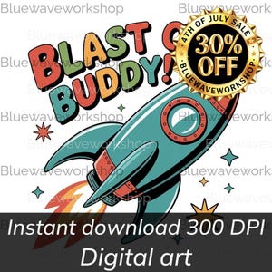Blast Off Buddy! Retro Cartoon Rocket Ship with Colorful Flames and Stars - Fun Digital Art for Kids