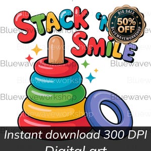 Giocattolo ad anello impilabile colorato - Giocattolo divertente per bambini stampabile da scaricare immediatamente - Arte digitale stravagante per l'arredamento della casa - Colori vivaci e