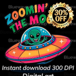 Zoomin' From the Moon! Colorful Cartoon Alien Flying Saucer Digital Art for Kids - Fun and Whimsical Printable Design