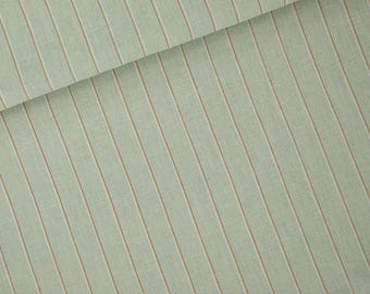 May include: A close-up of a light green fabric with thin, horizontal brown stripes. The fabric has a subtle texture.