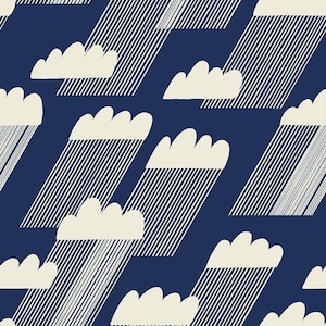 Peut inclure: Un motif sans couture représentant des nuages blancs avec des stries de pluie sur un fond bleu foncé. Les nuages sont stylisés et les stries de pluie sont représentées par de fines lignes blanches.