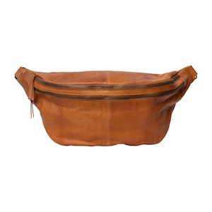 Può includere: Un marsupio in pelle marrone con tre scomparti con cerniera. La borsa ha una forma curva e una superficie strutturata. Le cerniere sono marrone scuro e la borsa ha una cinghia su ogni lato. La borsa è progettata per essere indossata in vita.