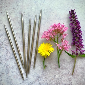Peut inclure: Plusieurs aiguilles à tricoter argentées de différentes tailles, accompagnées d'un pissenlit jaune, de fleurs roses et d'une grappe de fleurs violettes. L'ensemble est posé sur un fond gris texturé.