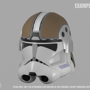 May include: A white and brown helmet with black accents, featuring a design reminiscent of a clone trooper helmet. The helmet has a visor, two eye openings, and the word "EXAMPLE" is printed on the top right.