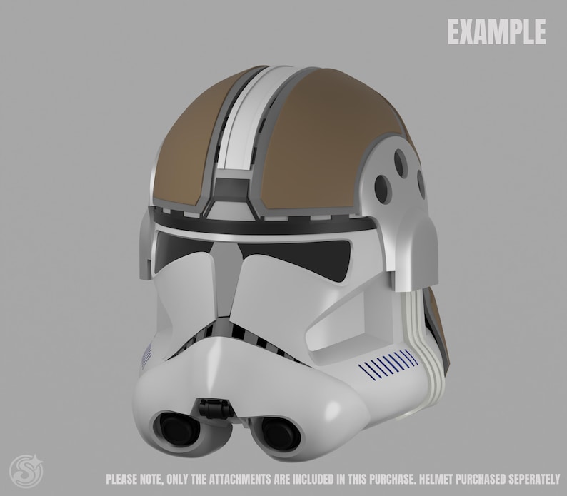May include: A white and brown helmet with black accents, featuring a design reminiscent of a clone trooper helmet. The helmet has a visor, two eye openings, and the word "EXAMPLE" is printed on the top right.