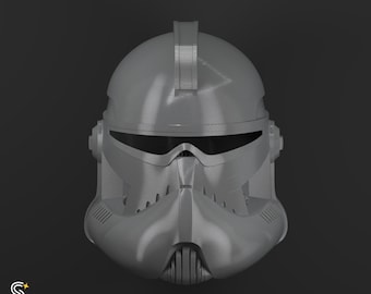 May include: A grey, futuristic helmet with a visor and detailed facial features. The helmet has a prominent brow ridge and a vertical bar on top. The design includes vents and a mouth guard, suggesting a sci-fi or cosplay theme.